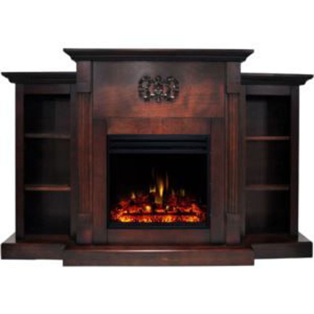 Picture of Sanoma 72-In. Traditional Electric Fireplace Heater with Built-In Bookshelves in Mahogany and Colorf