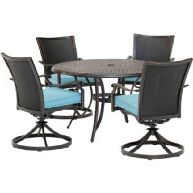 Picture of Traditions 5-Piece Dining Set in Blue with 4 Wicker Back Swivel Rockers and 48 in. Cast-Top Table