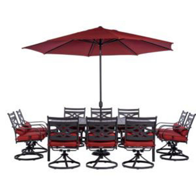 Picture of Montclair 11-Piece Dining Set in Chili Red with 10 Swivel Rockers, 60-In. x 84-In. Table, 11-Ft. Umb