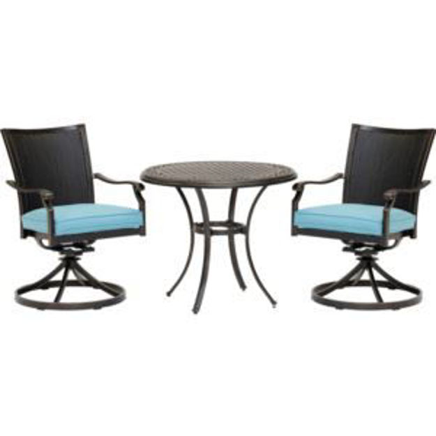 Picture of Traditions 3-Piece Dining Set in Blue with 2 Wicker Back Swivel Rockers and 32 in. Round Cast-Top Ta