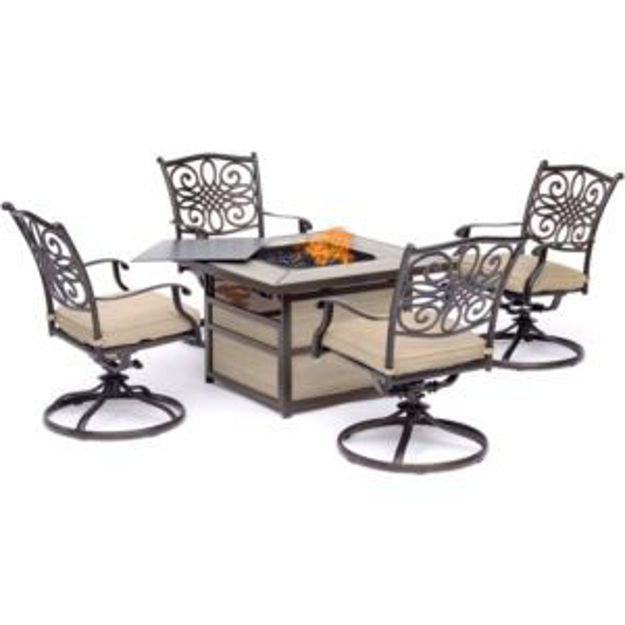 Picture of Traditions 5-Piece Fire Pit Chat Set with 4 Swivel Rockers in Tan with a 40,000 BTU Fire Pit Table