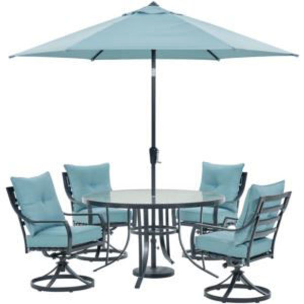 Picture of Lavallette 5-Piece Dining Set in Ocean Blue with 4 Swivel Rockers, 52-In. Round Glass-Top Table, Umb