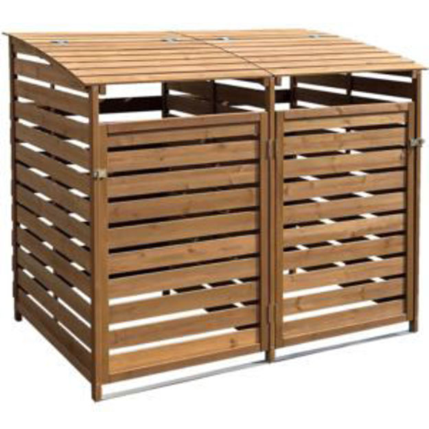 Picture of Wooden Trash and Recyclables Bin Storage Shed with Dual Front Doors and Hinged Top Lids in Brown