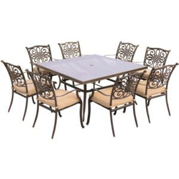 Picture of Traditions 9-Piece Dining Set in Tan with 60 In. Square Glass-Top Dining Table