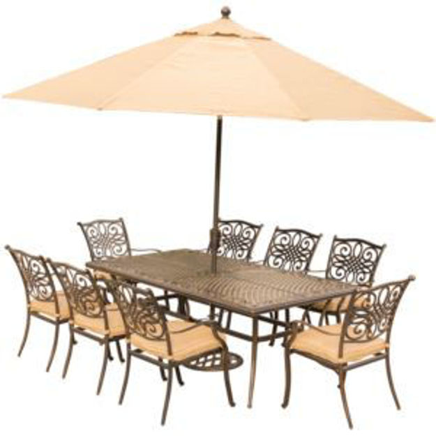 Picture of Traditions 9-Piece Dining Set in Tan with an 84 x 41 in. Cast-Top Dining Table, 11 Ft. Table Umbrell