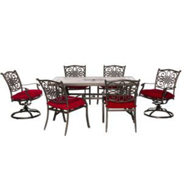 Picture of Monaco 7-Piece Patio Dining Set in Red with 4 Dining Chairs, 2 Swivel Rockers, and a 40" x 68" Tile-