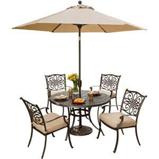 Picture of Traditions 5 Pc. Dining Set of 4 Aluminum Cast Dining Chairs,  48 in. Round Table, and a Table Umbre