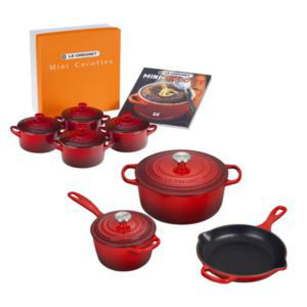 Picture of 5pc Cast Iron Cookware w/ 4pk 8oz Mini Cocottes Cerise