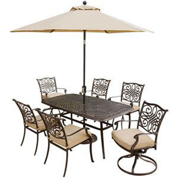 Picture of Traditions 7 Pc. Outdoor Dining Set of Four Dining Chairs, Two Swivel Chairs, Dining Table, Umbrella