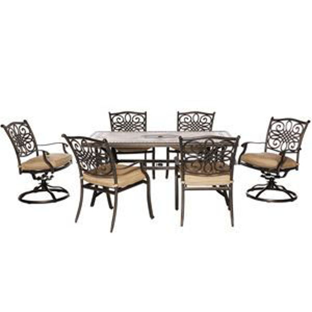 Picture of Monaco 7-Piece Patio Dining Set in Natural Oat with 4 Dining Chairs, 2 Swivel Rockers, and a 40" x 6