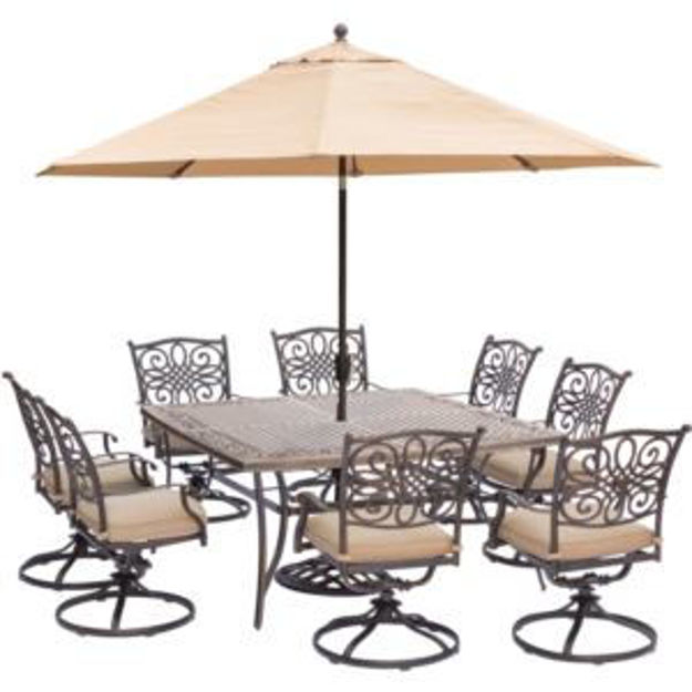 Picture of Traditions 9-Piece Dining Set in Tan with 60 In. Square Cast-Top Dining Table, 11 Ft. Table Umbrella