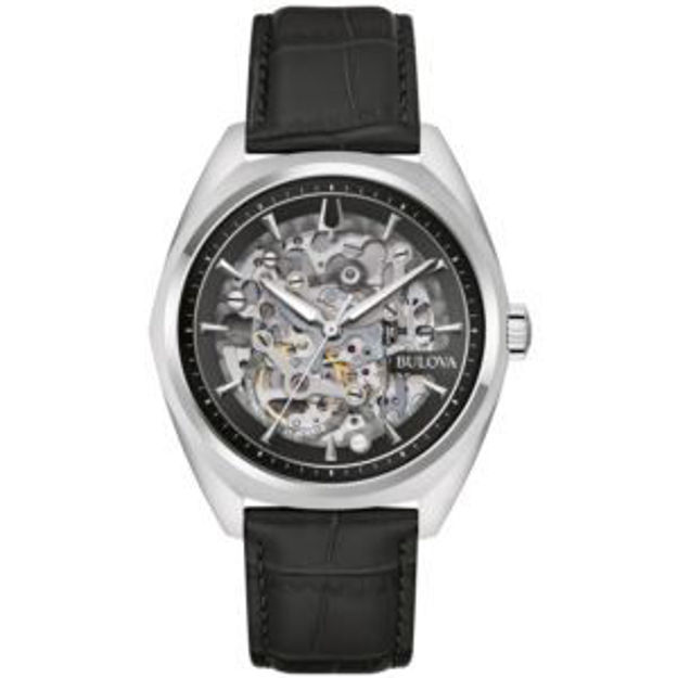 Picture of Men's Surveyor Automatic Black Leather Strap Watch Silver Skeleton Dial