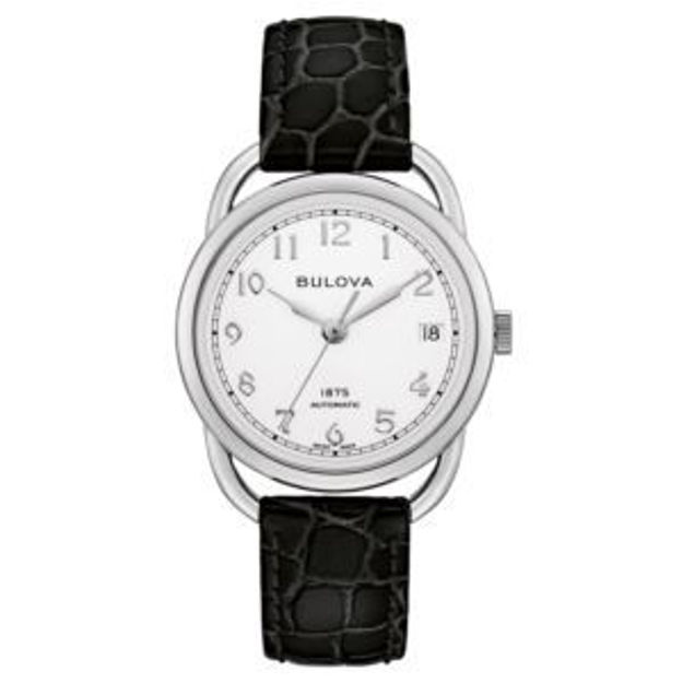 Picture of Ladies' Joseph Bulova Commodore Automatic Black Leather Strap Watch White Dial