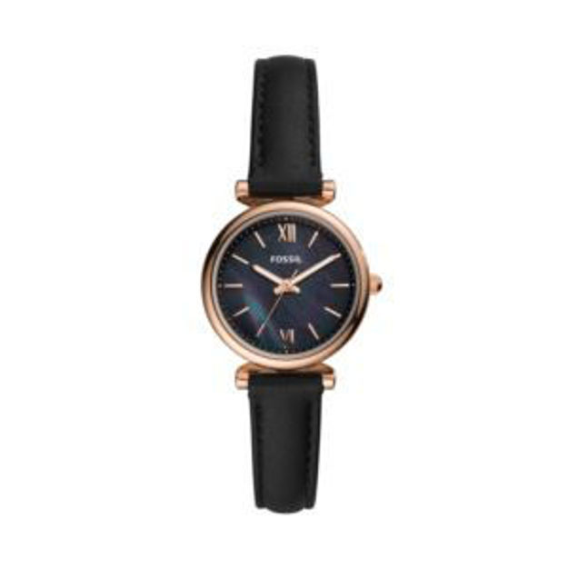 Picture of Ladies Carlie Mini Rose Gold & Black Leather Strap Watch Black Dial