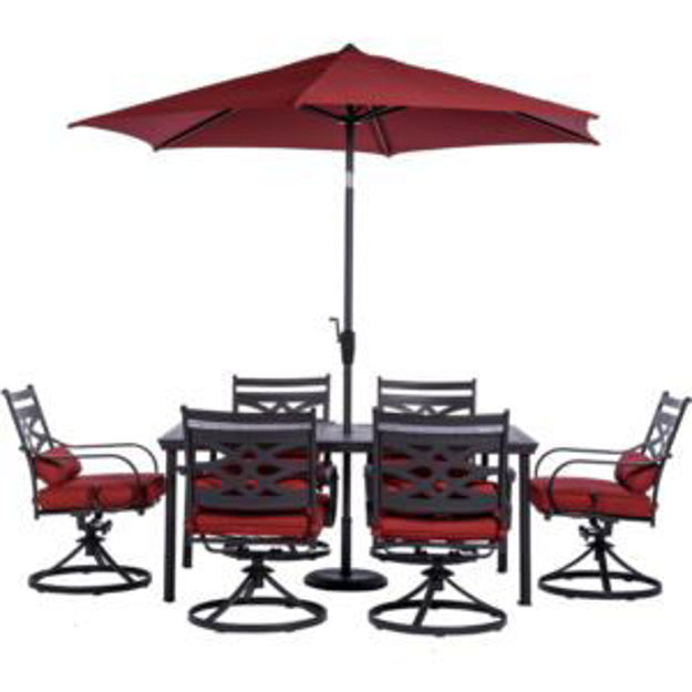 Picture of Montclair 7-Piece Dining Set in Chili Red with 6 Swivel Rockers, 40-In. x 66-In. Dining Table and 9-