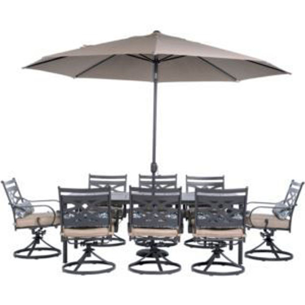 Picture of Montclair 9-Piece Dining Set in Tan with 8 Swivel Rockers, 42-In. x 84-In. Table, 11 Ft. Umbrella an