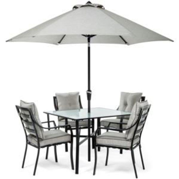 Picture of Lavallette 5-Piece Dining Set in Gray with Table Umbrella and Stand