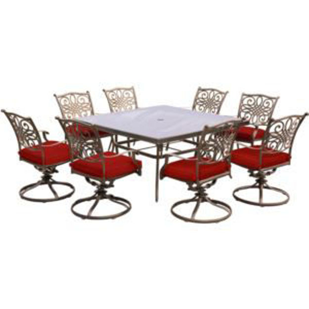 Picture of Traditions 9-Piece Dining Set in Red with a 60 In. Square Glass-Top Dining Table