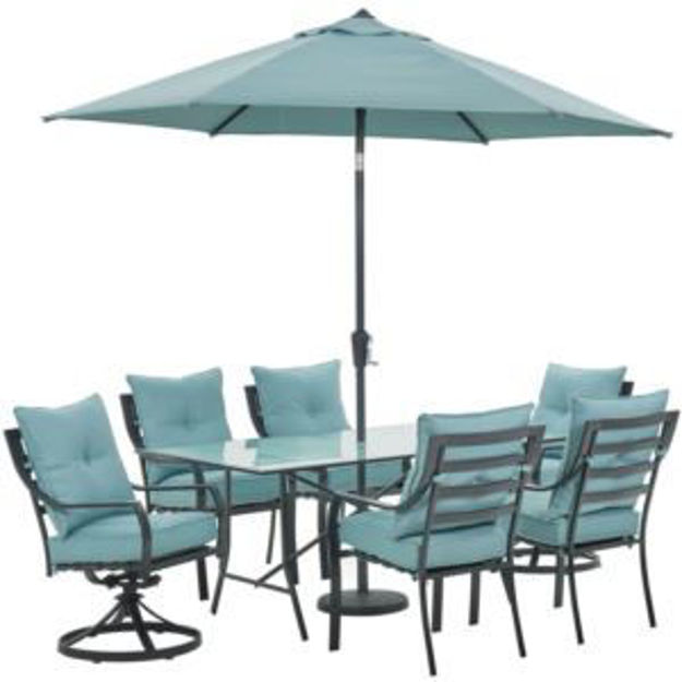 Picture of Lavallette 7-PC. Dining Set in Ocean Blue w/ 4 Chairs, 2 Swivel Rockers, 66" x 38" Glass-Top Table,