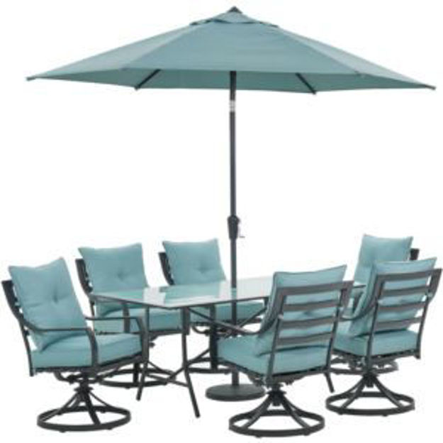 Picture of Lavallette 7-Piece Dining Set in Ocean Blue with 6 Swivel Rockers, 66" x 38" Glass-Top Table, Umbrel