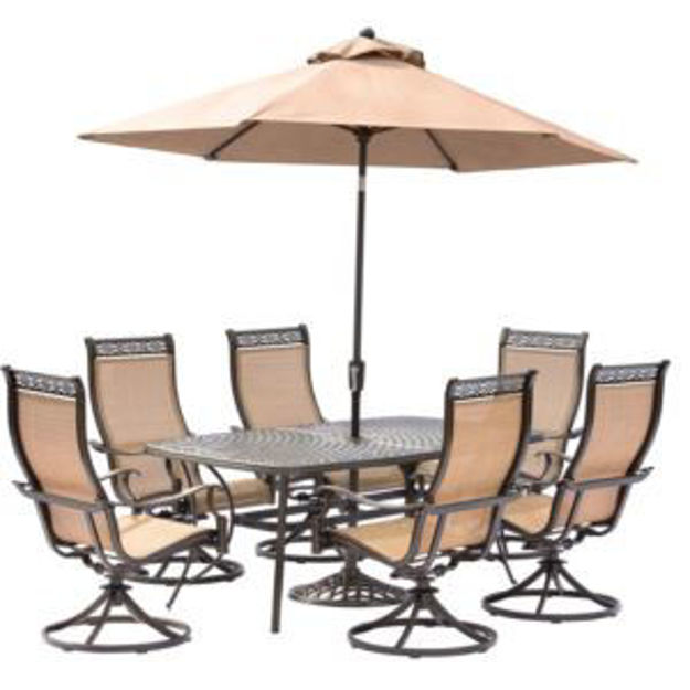 Picture of Manor 7-Piece Outdoor Dining Set with Six Swivel Rockers, a Cast-top Dining Table, a 9 Ft. Umbrella