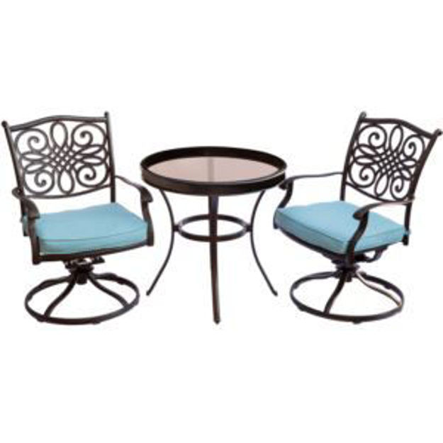 Picture of Traditions 3-Piece Swivel Bistro Set in Blue with 30 in. Glass-top Table