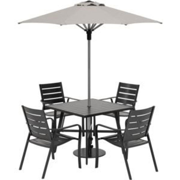 Picture of Cortino 5-Piece Commercial-Grade Dining Set with 4 Aluminum Slat Dining Chairs, 38-in. Slat Table, 7