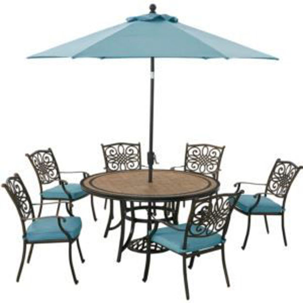 Picture of Monaco 7-Piece Dining Set in Blue with Six Dining Chairs, 60-in. Tile-Top Table and 9-Ft. Umbrella