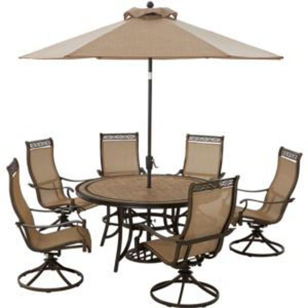 Picture of Monaco 7-Piece Outdoor Dining Set with 6 Sling Swivel Rockers, 60-in. Tile-Top Table, and 9-ft. Umbr