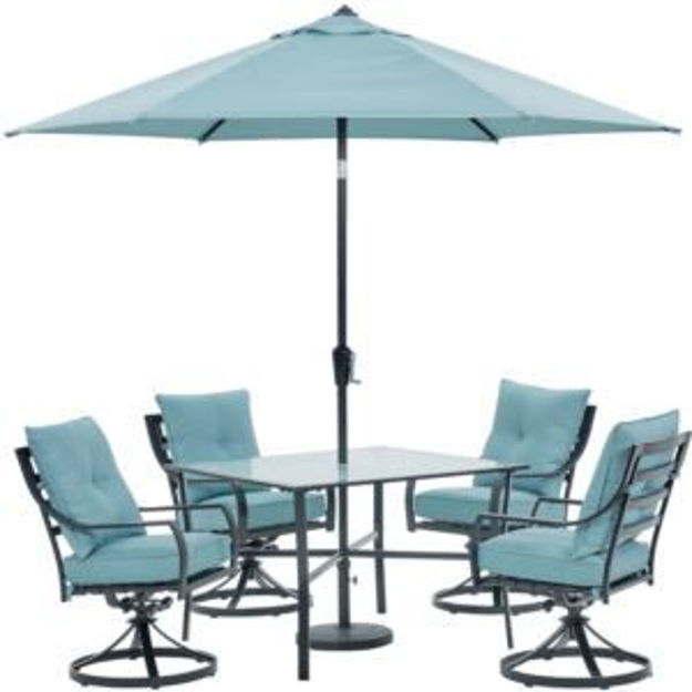 Picture of Lavallette 5-Piece Dining Set in Ocean Blue with 4 Swivel Rockers, 42-In. Square Glass-Top Table, Um