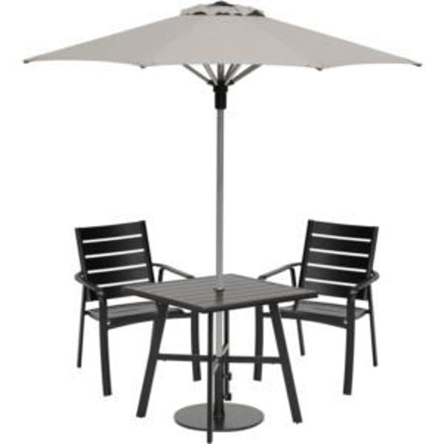 Picture of Cortino 3-Piece Commercial-Grade Dining Set with 2 Aluminum Slat-Back Dining Chairs, 30-in. Slat-Top