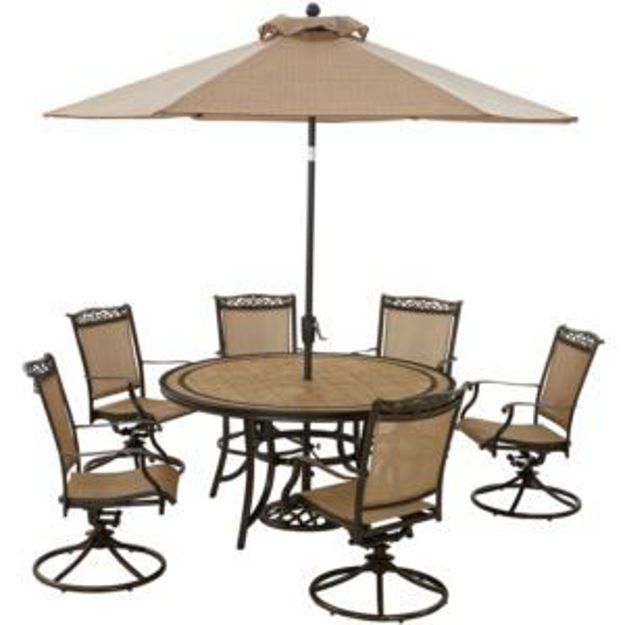 Picture of Fontana 7-Piece Outdoor Dining Set with 6 Sling Swivel Rockers, 60-in. Tile-Top Table, and 9-ft. Umb