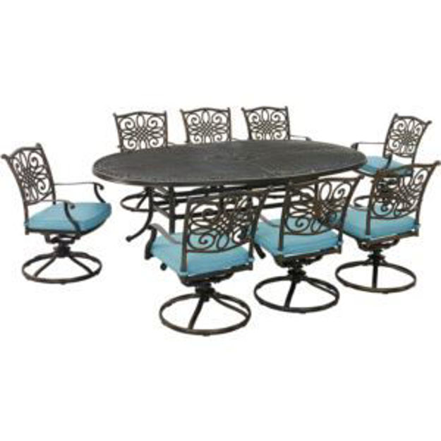 Picture of Traditions 9-Piece Dining Set in Blue with 8 Swivel Rockers and 95-in. x 60-in. Oval Cast-Top Dining