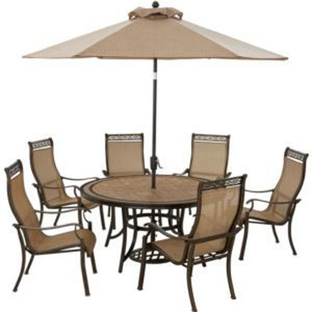 Picture of Monaco 7-Piece Outdoor Dining Set with 6 Sling Dining Chairs, 60-in. Tile-Top Table, and 9-ft. Umbre