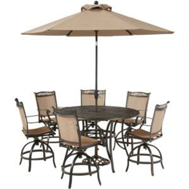 Picture of Fontana 7-Piece High-Dining Set with 6 Counter-Height Swivel Chairs, 60-In. Cast-Top Table, Umbrella