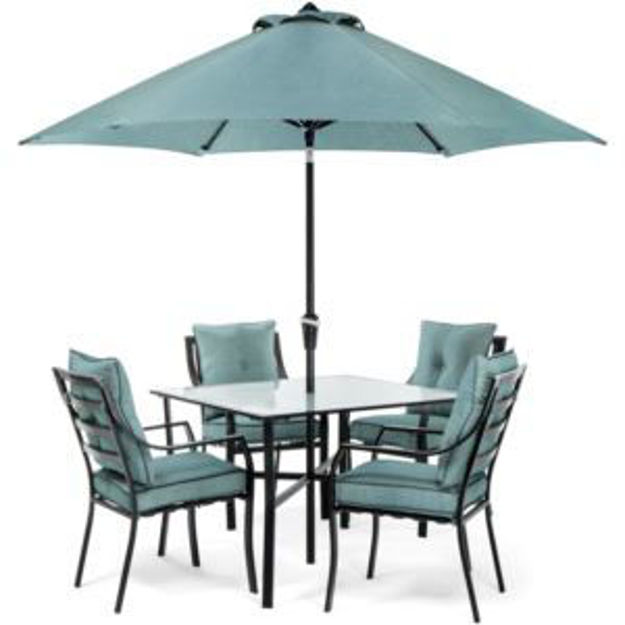 Picture of Lavallette 5-Piece Dining Set in Ocean Blue with Table Umbrella and Stand