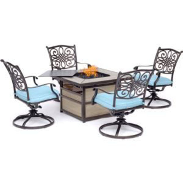 Picture of Traditions 5-Piece Fire Pit Chat Set with 4 Swivel Rockers in Blue with a 40,000 BTU Fire Pit Table