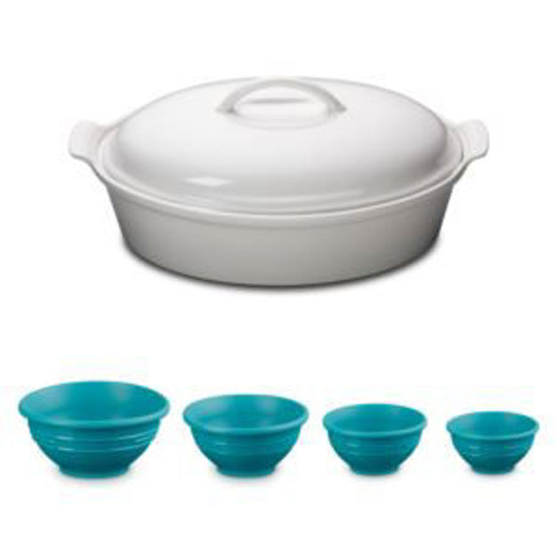 Picture of White 4qt Stoneware Covered Oval Casserole w/ 4pc Silicone Prep Bowls Caribbean