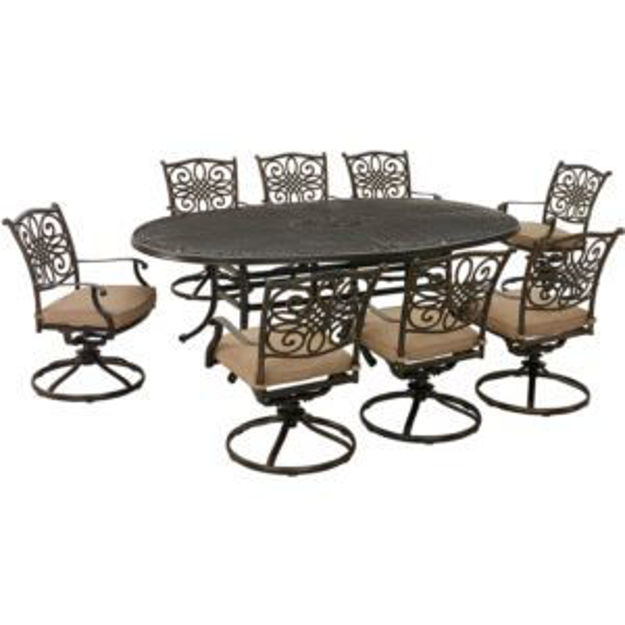 Picture of Traditions 9-Piece Dining Set in Tan with 8 Swivel Rockers and 95-in. x 60-in. Oval Cast-Top Dining