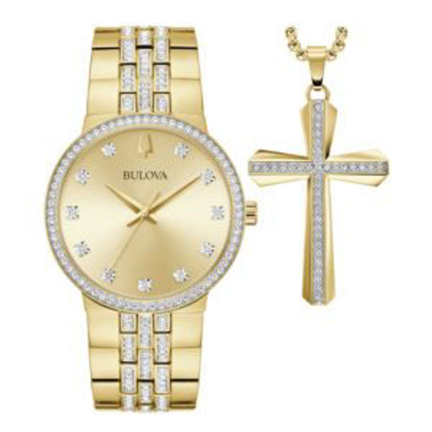 Picture of Mens Classic Crystal Gold-Tone SS Watch & Cross Necklace