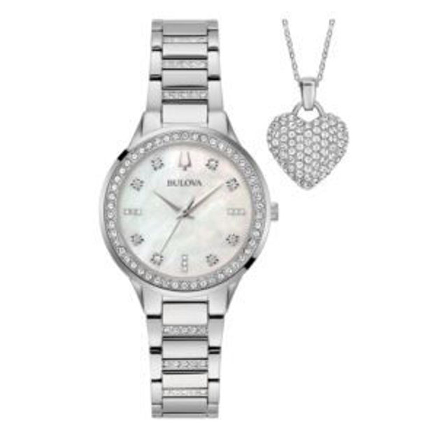 Picture of Ladies Classic Crystal Silver-Tone SS Watch & Heart Necklace