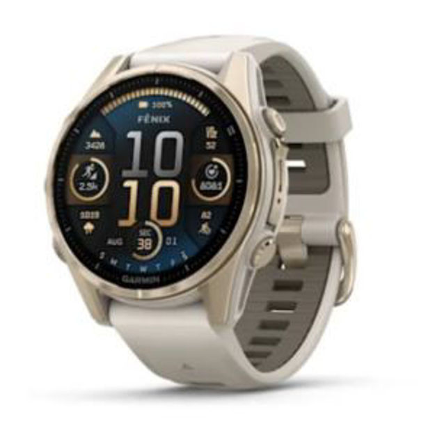 Picture of fenix 8 - 43 mm, AMOLED, Sapphire, Soft Gold with Fog Gray/Dark Sandstone Silicone Band