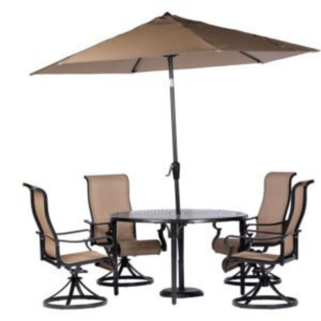 Picture of Brigantine 5-Piece Outdoor Dining Set with 4 Sling Swivel Rockers, 50-In. Round Cast-Top Table, 9-Ft