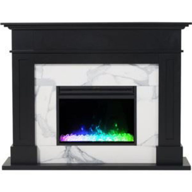 Picture of Sofia 53-in. Electric Fireplace Mantel in Black with White Marble Inlay and Crystal Rock Display