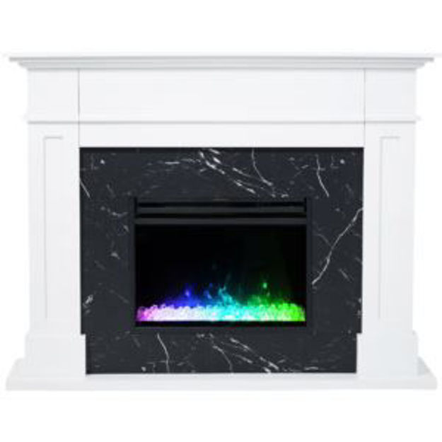 Picture of Sofia 53-in. Electric Fireplace Mantel in White with Black Marble Inlay and Crystal Rock Display