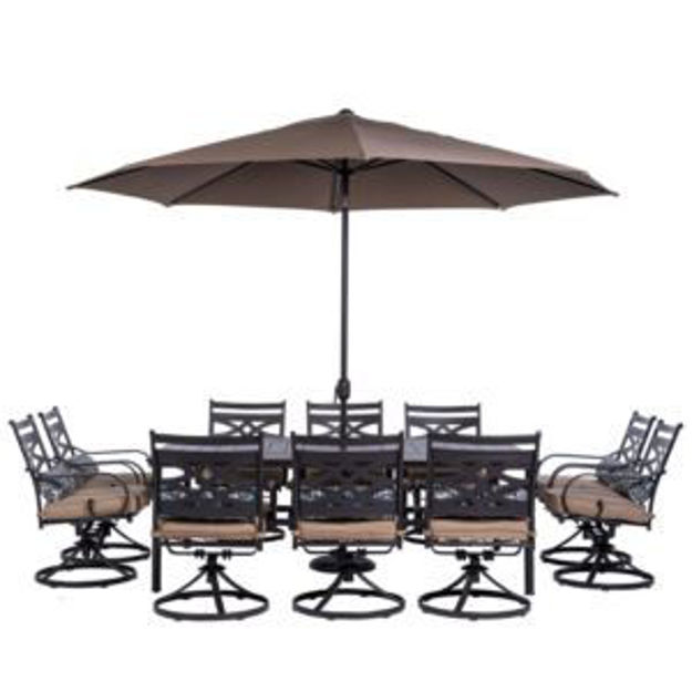 Picture of Montclair 11-Piece Dining Set in Tan with 10 Swivel Rockers, 60-In. x 84-In. Table, 11-Ft. Umbrella