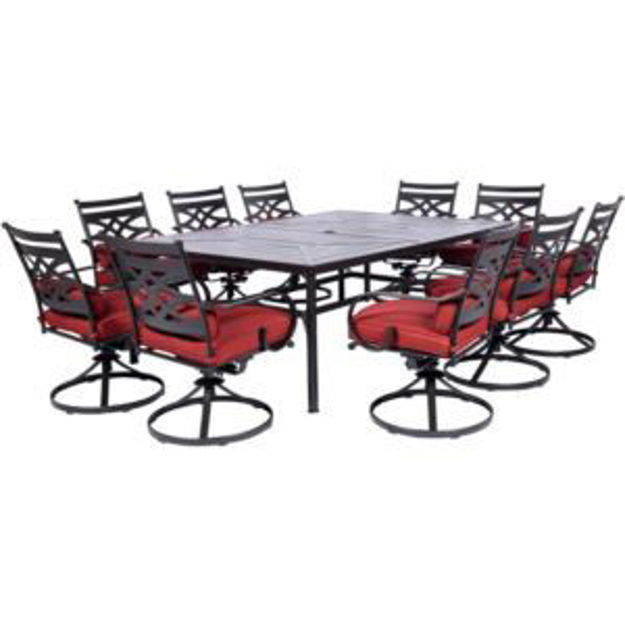 Picture of Montclair 11-Piece Dining Set in Chili Red with 10 Swivel Rockers and a 60-In. x 84-In. Table