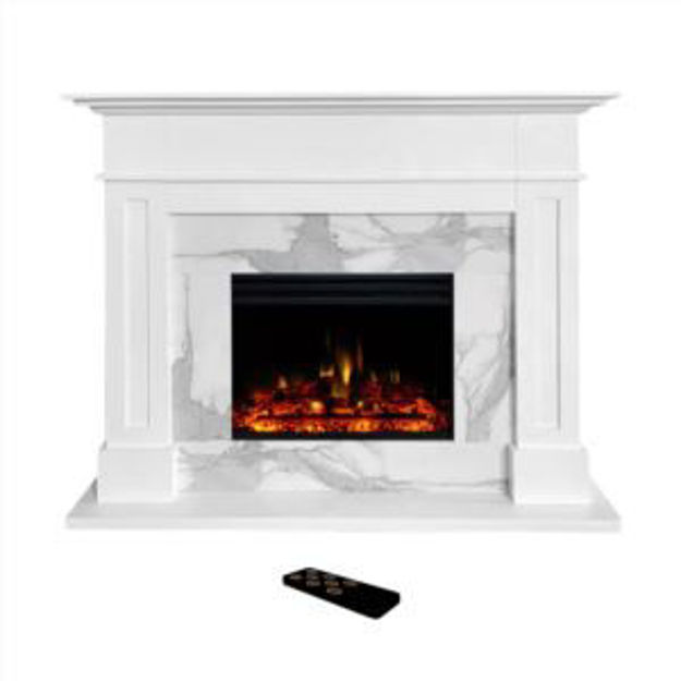 Picture of Sofia 53-in. Electric Fireplace Mantel in White with White Marble Inlay and Log Display