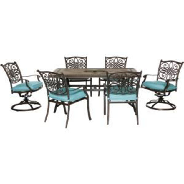 Picture of Monaco 7-Piece Patio Dining Set in Blue with 4 Dining Chairs, 2 Swivel Rockers, and a 40" x 68" Tile