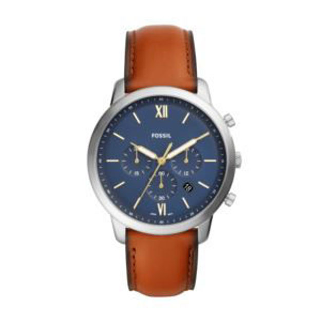 Picture of Mens Neutra Chronograph Silver & Brown Leather Watch Blue Dial